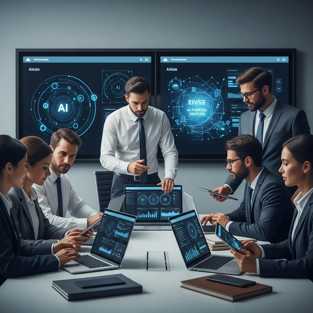 Equipo de profesionales trabajando con herramientas de IA en una reunión