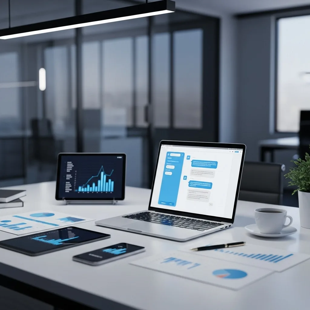 Portátil con un asistente de IA y gráficos de productividad en una mesa de trabajo